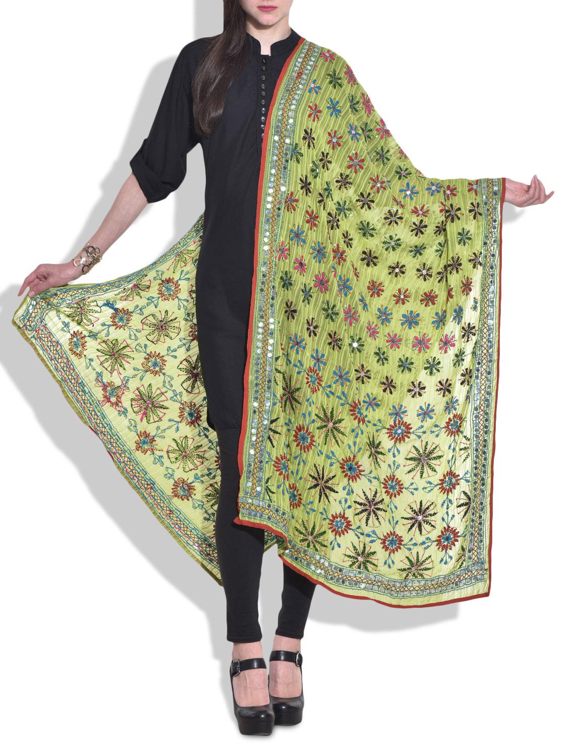 Light Green Phulkari Embroidered Dupatta - By