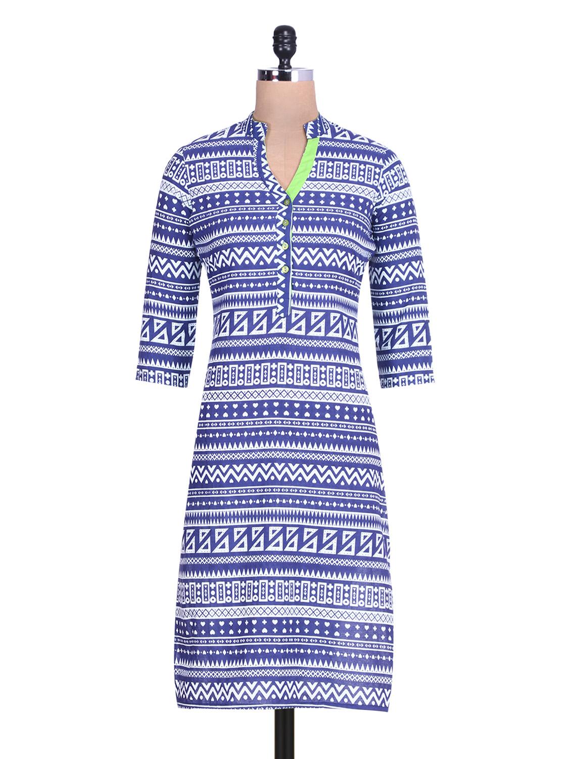 White And Blue Printed Quarter Sleeved Cotton Kurta - By