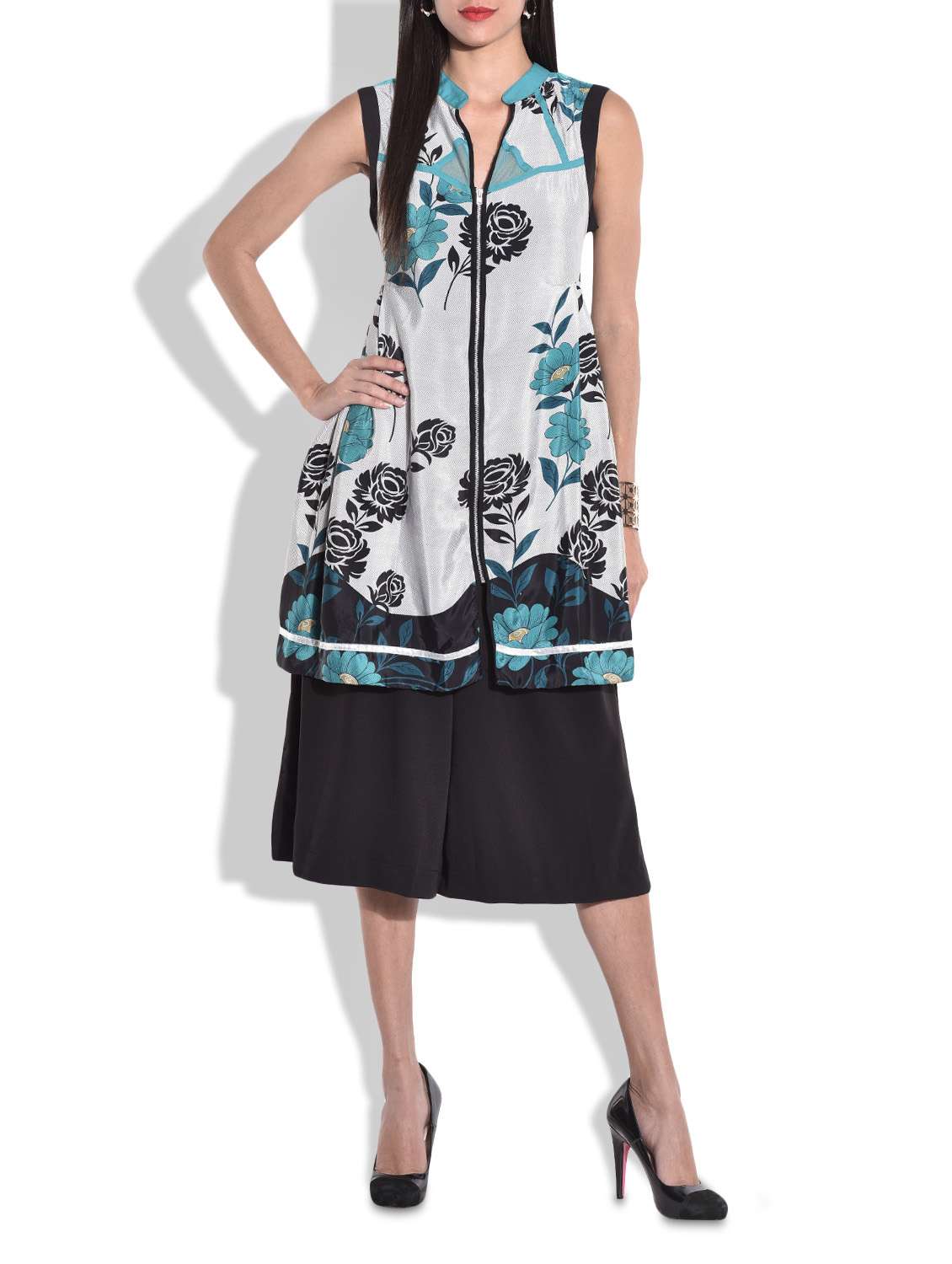 monochrome floral printed flared kurta set