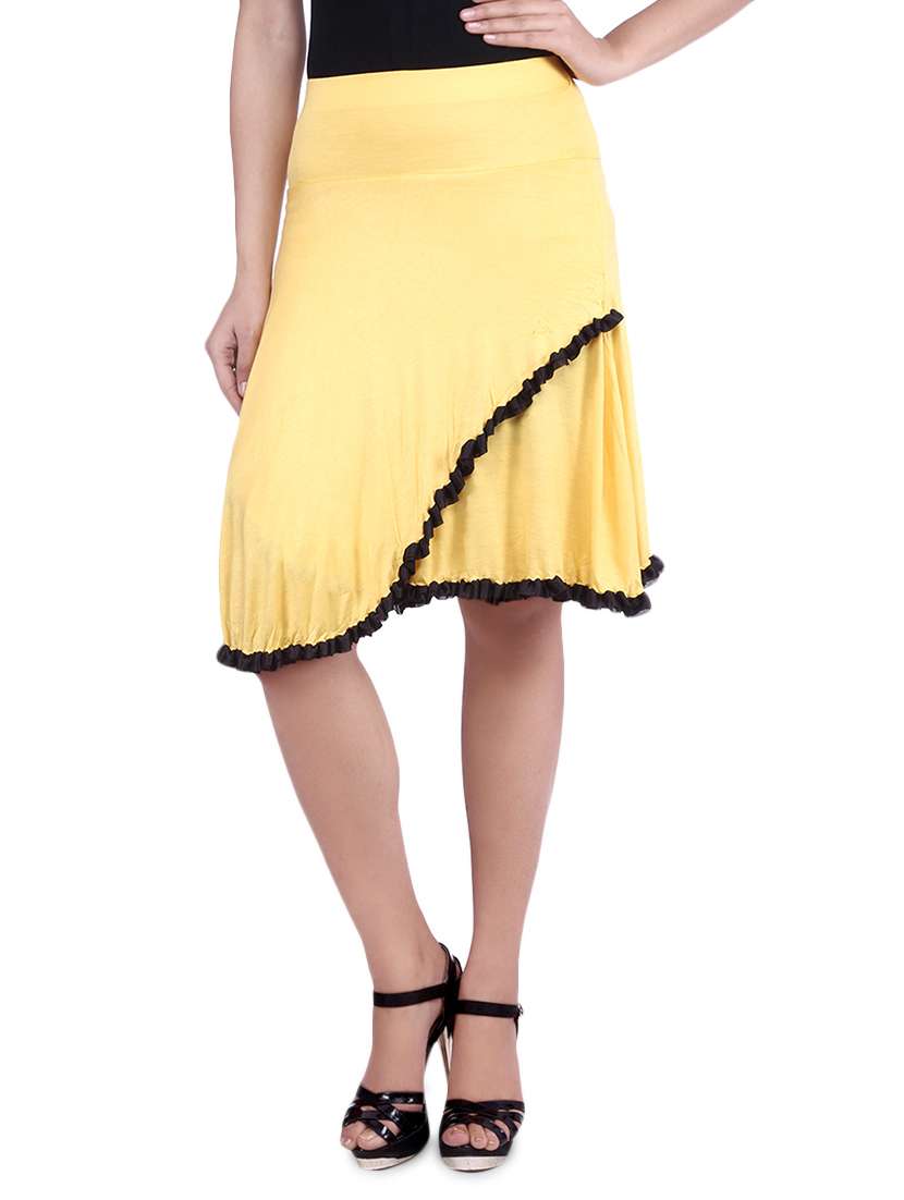 yellow knee length viscose lycra flared skirt
