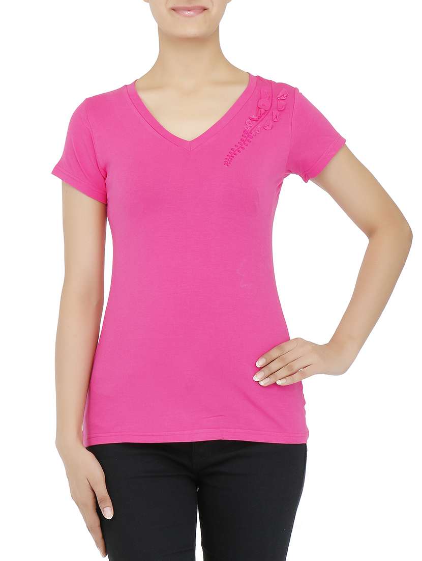 pink v-neck embroidered top
