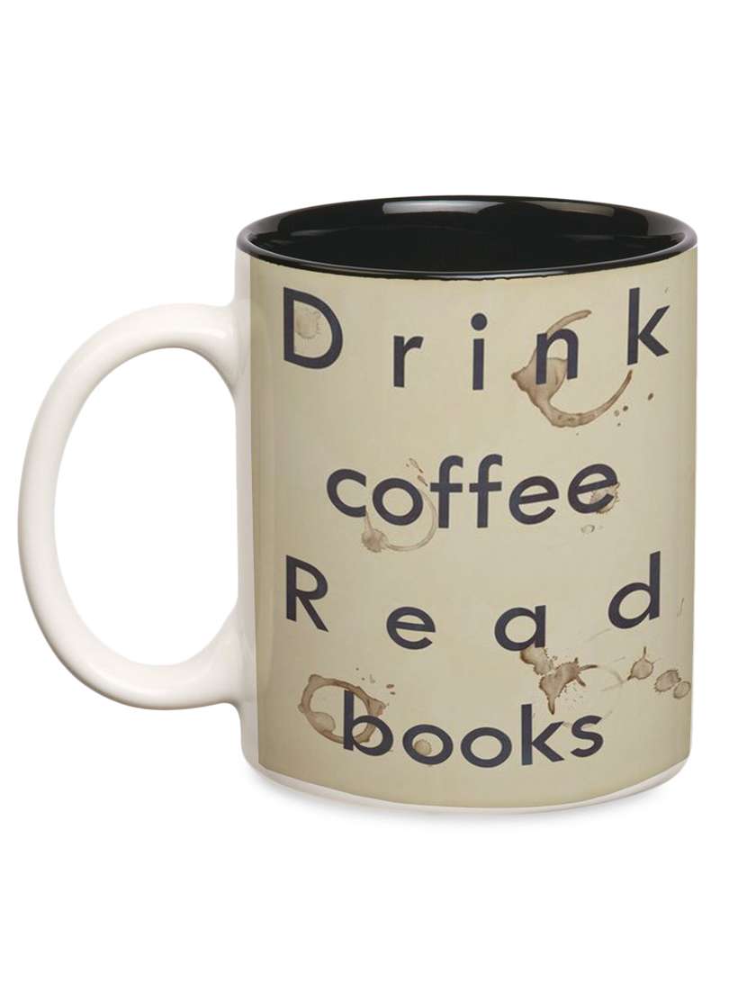 multicolored ceramic 'drink coffee read books' mug