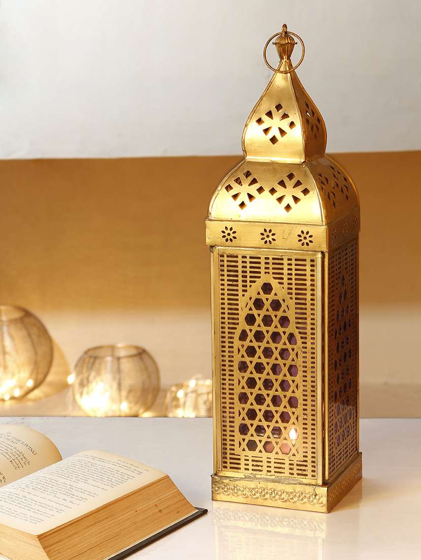 anasa decorative metal & glass traditional lantern hanging t-light candle holder golden 16.5 inch