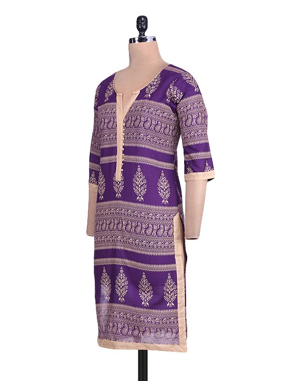 Purple  Cotton Printed Kurta - 9692724 -  Standard Image - 1