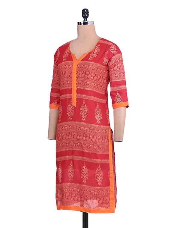 Red Cotton Printed Kurta - 9692727 - Standard Image - 1