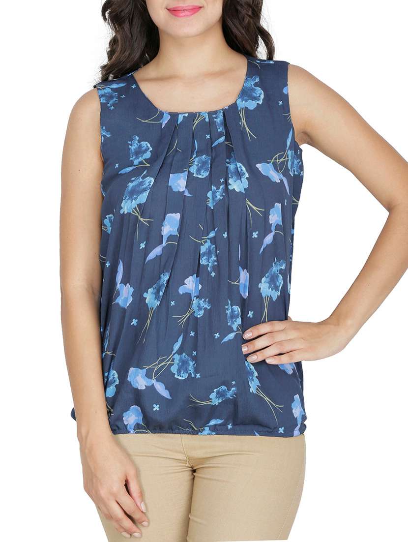 navy blue pleated floral sleeveless top