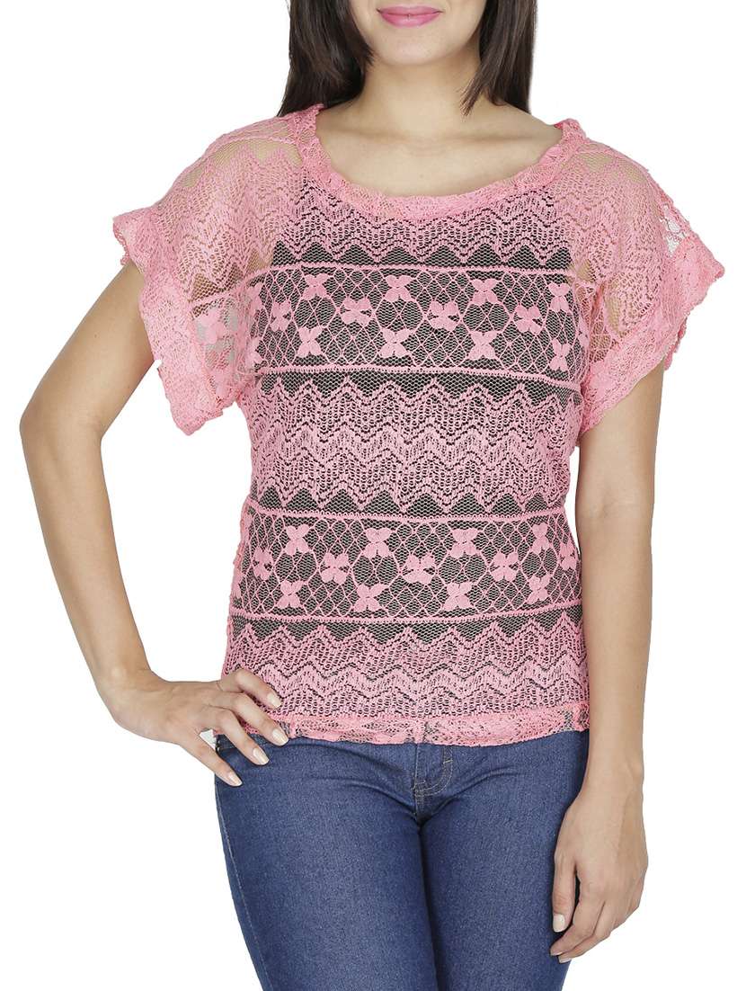 pink short sleeved net laced top