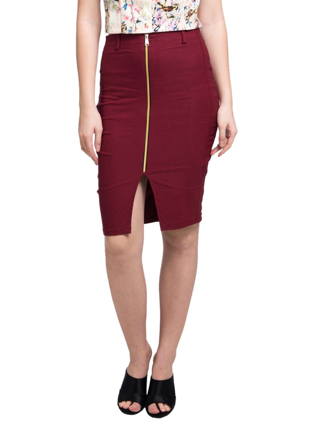 maroon solid zipped pencil skirt