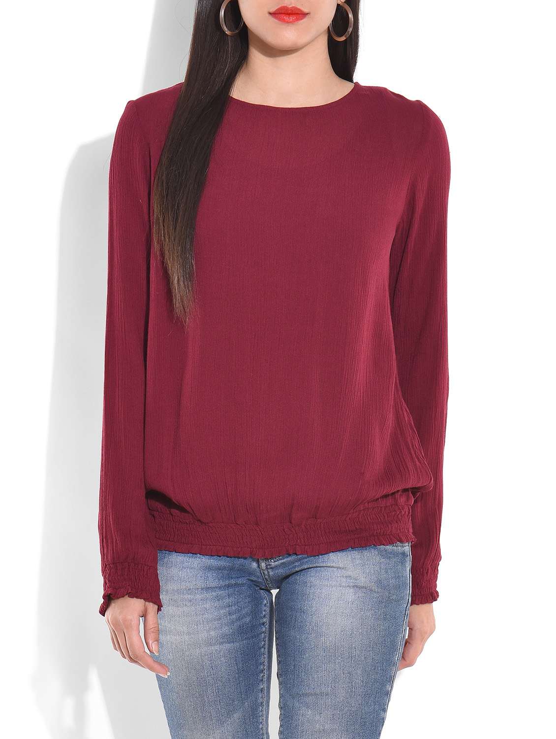 burgundy long sleeved blouson top