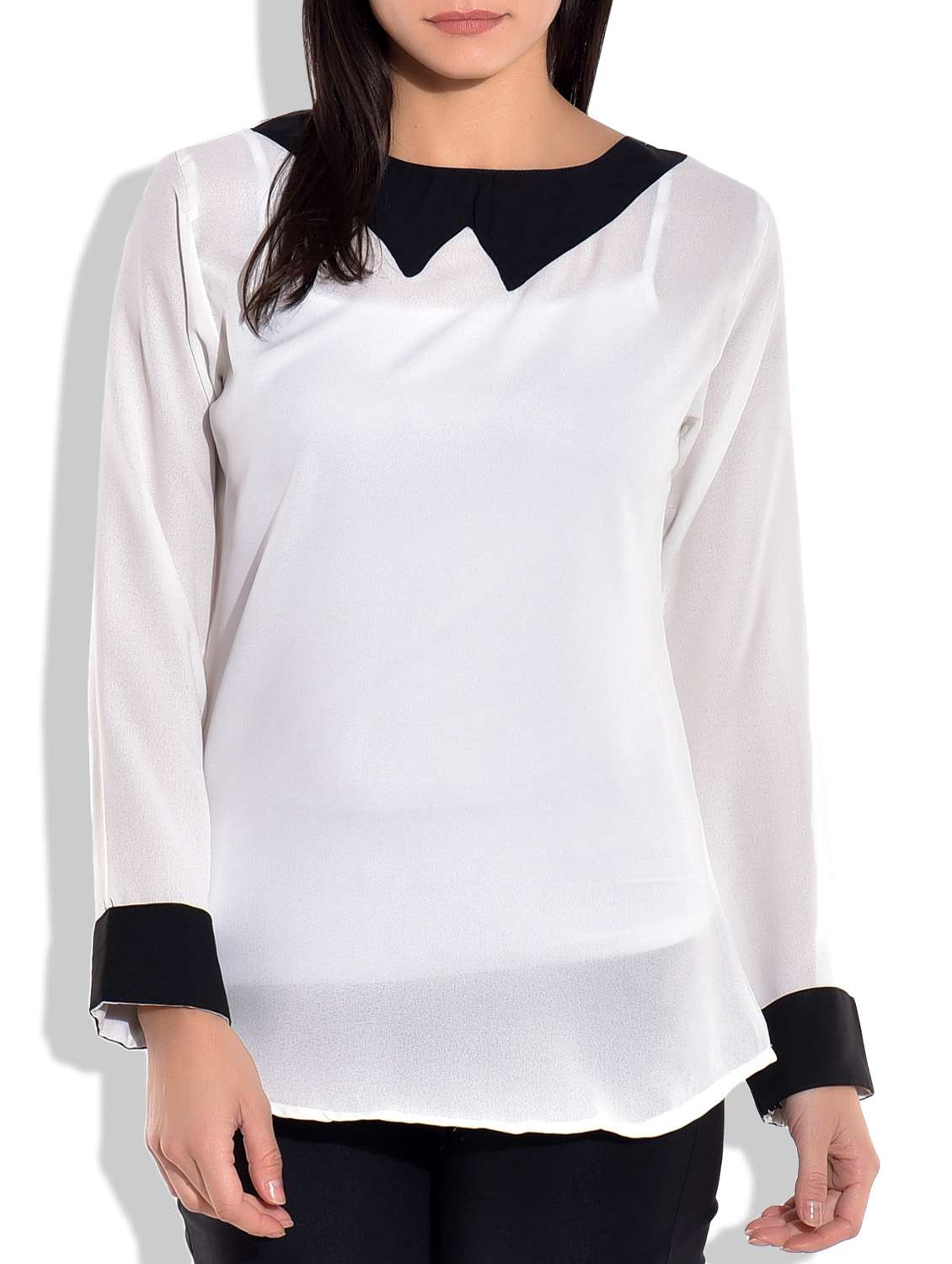 white and black plain georgette formal top