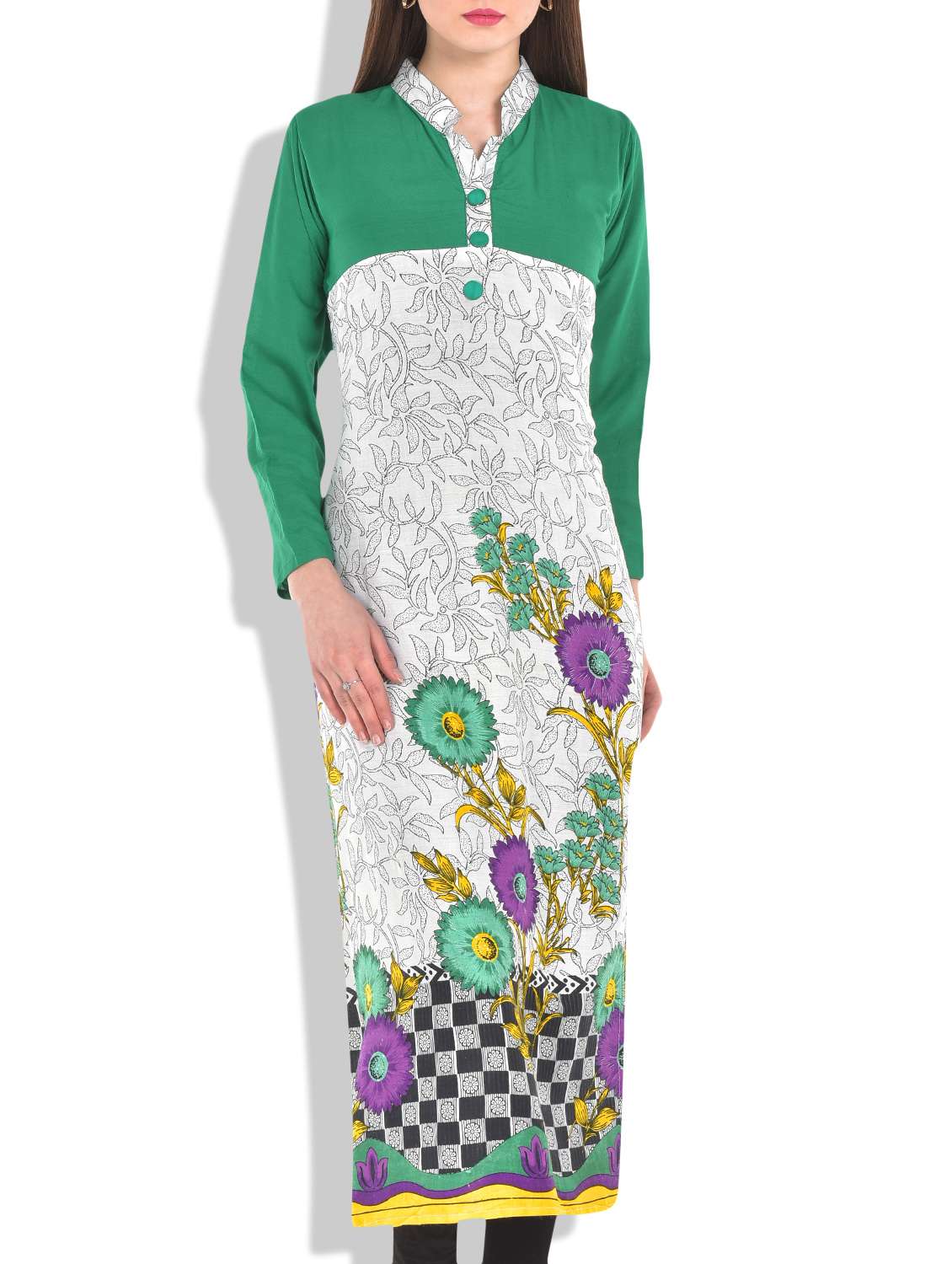 white color  green panel printed kurta