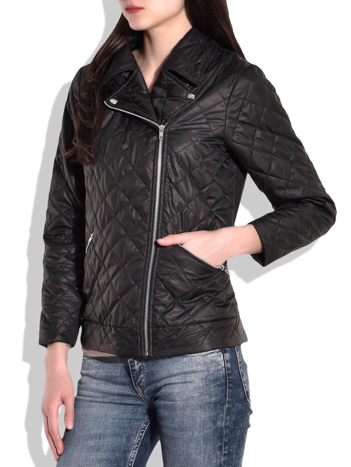women solid black quilted jacket - 9718050 -  Standard Image - 1