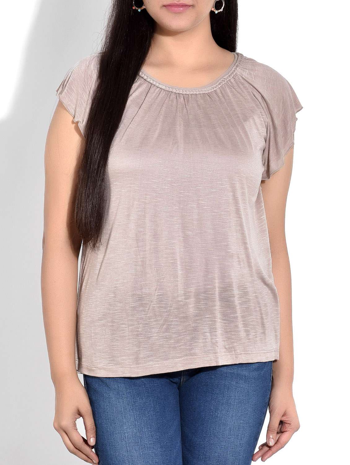 beige gathered cotton viscose top