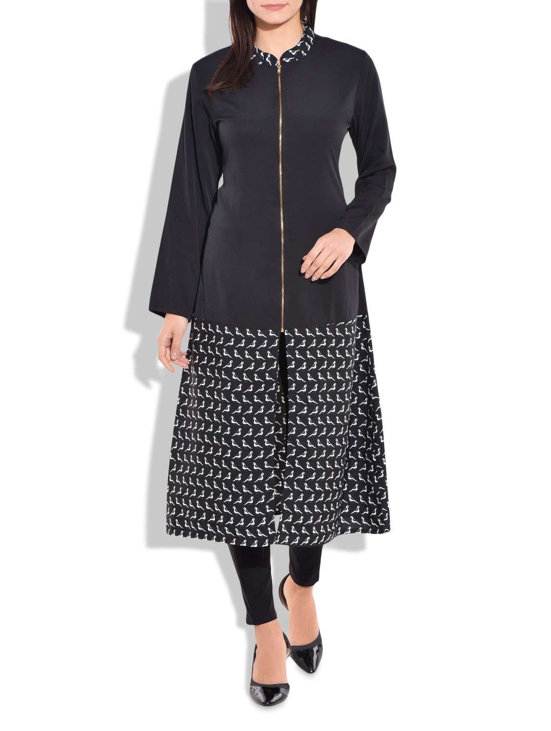 black birds printed zippered achkan kurti