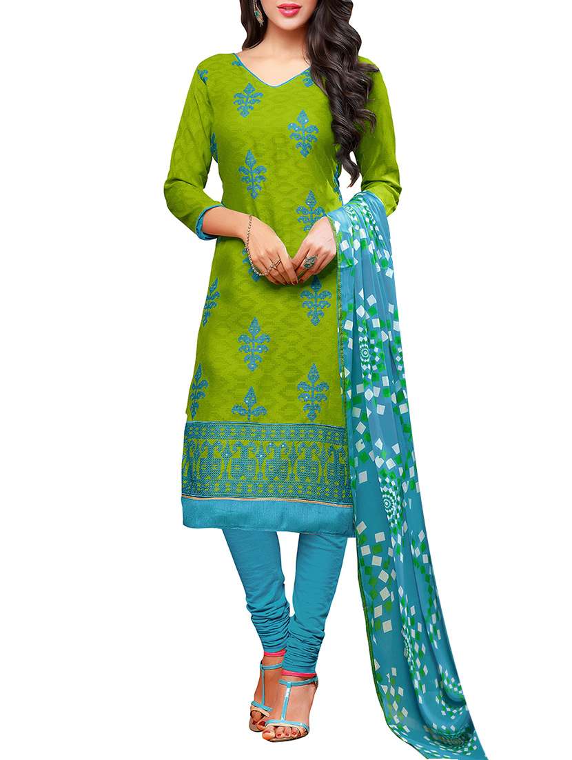 blue and green embroidered unstitched suit set