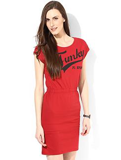 Brick Red Cotton Printed Gathered Waist Dress - By