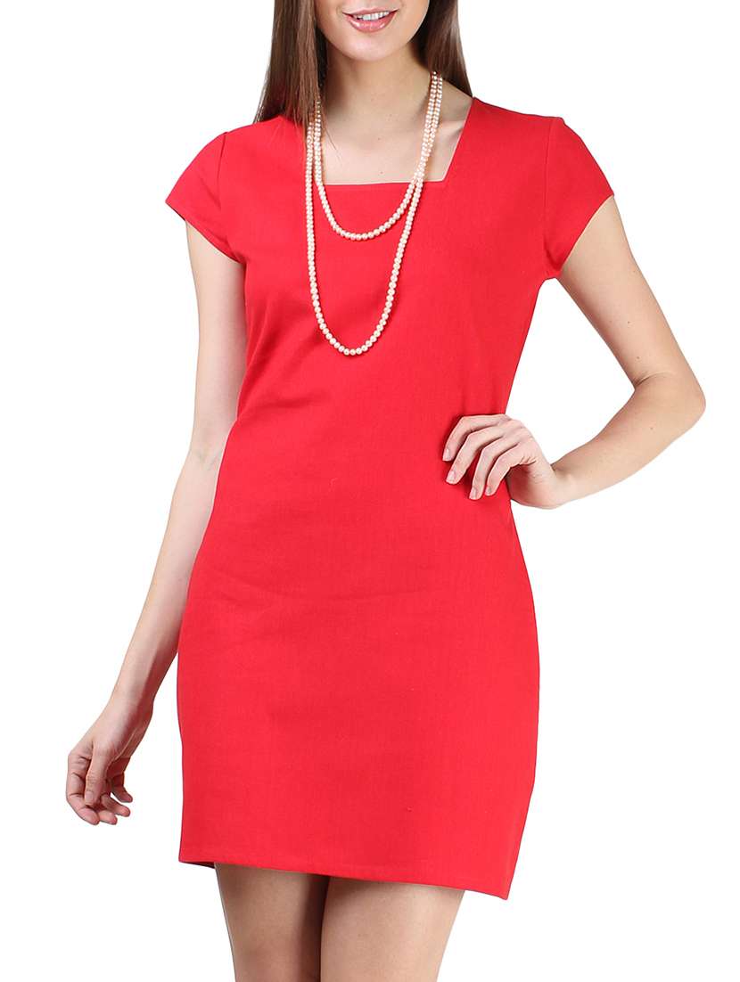 solid red square neck cotton dress