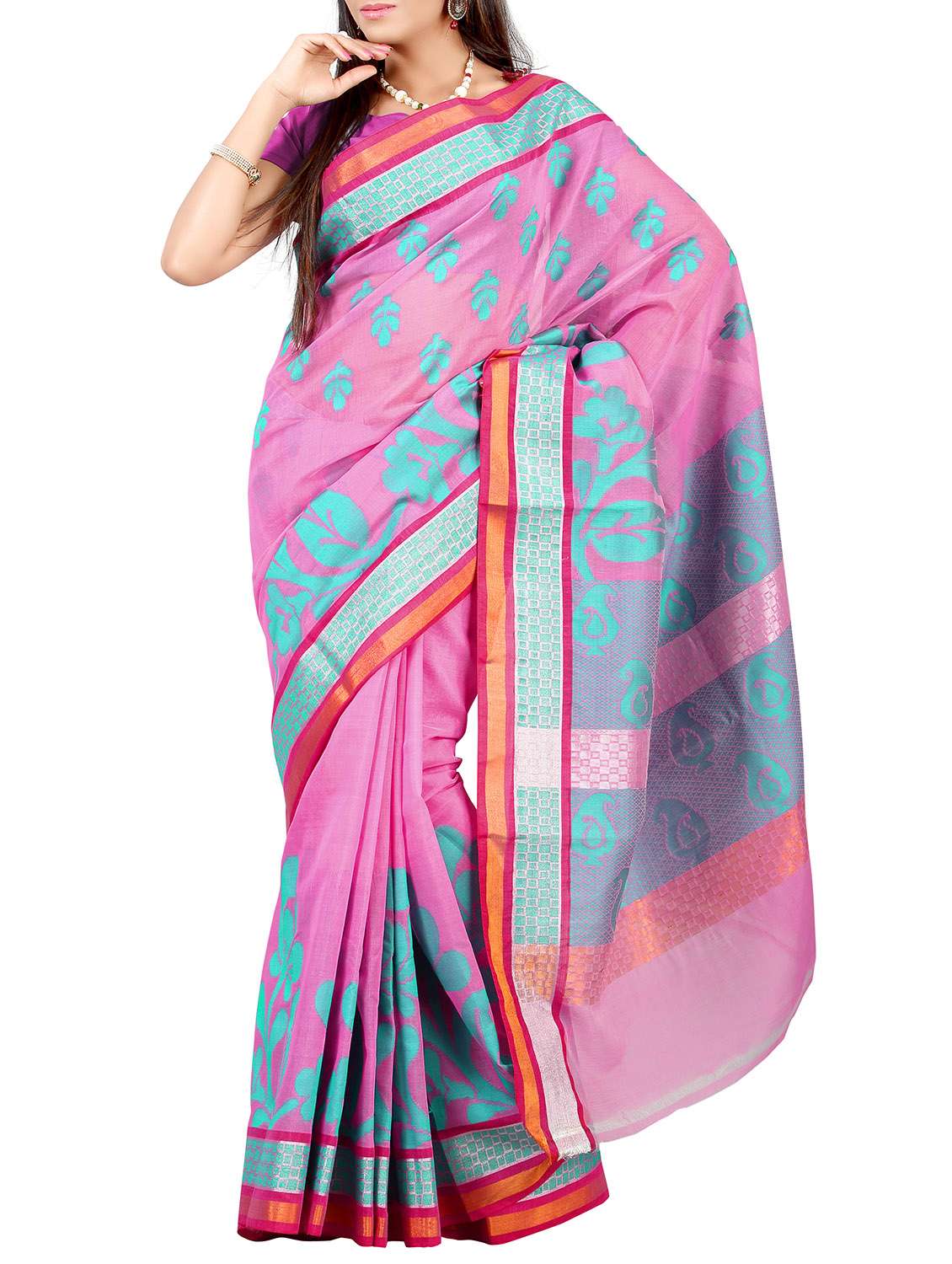 pink banarasi soft cotton silk blend saree
