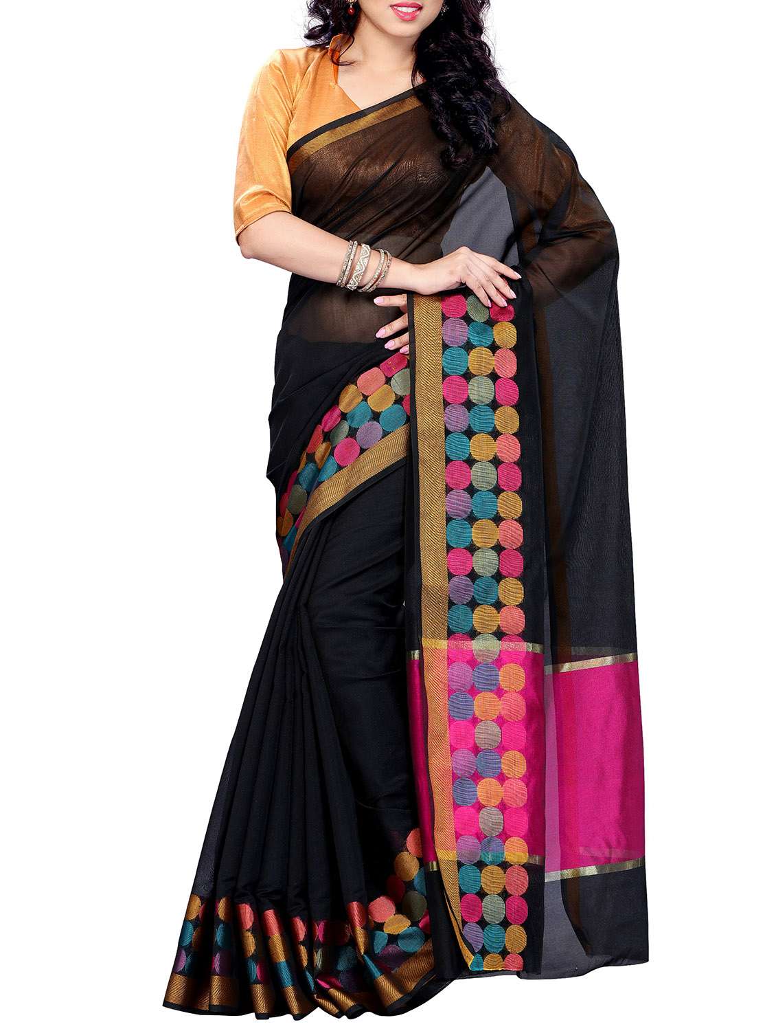 black mercerized  kanchipuram cotton saree