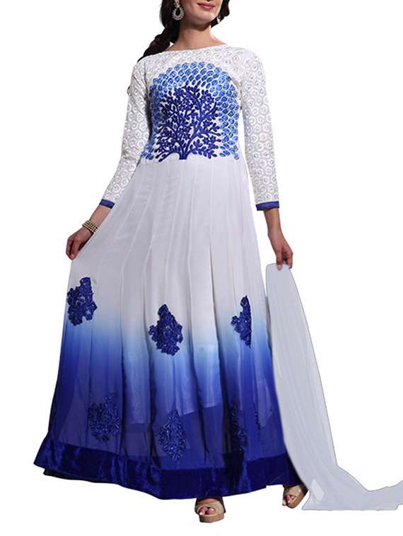 off-white & dark blue georgette & net semi stitched suit