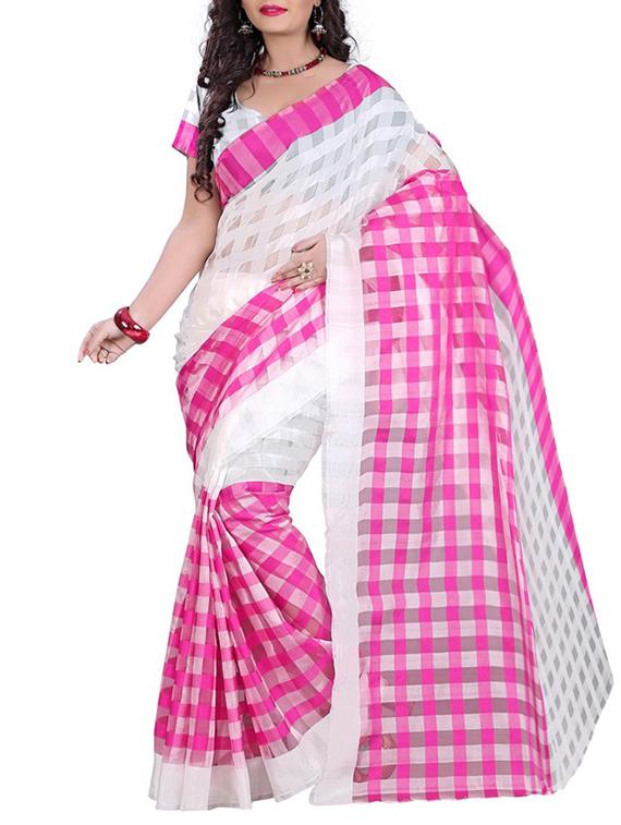 White-Pink And Aqua Cotton And Matka Silk Bengal Handloom Saree - By