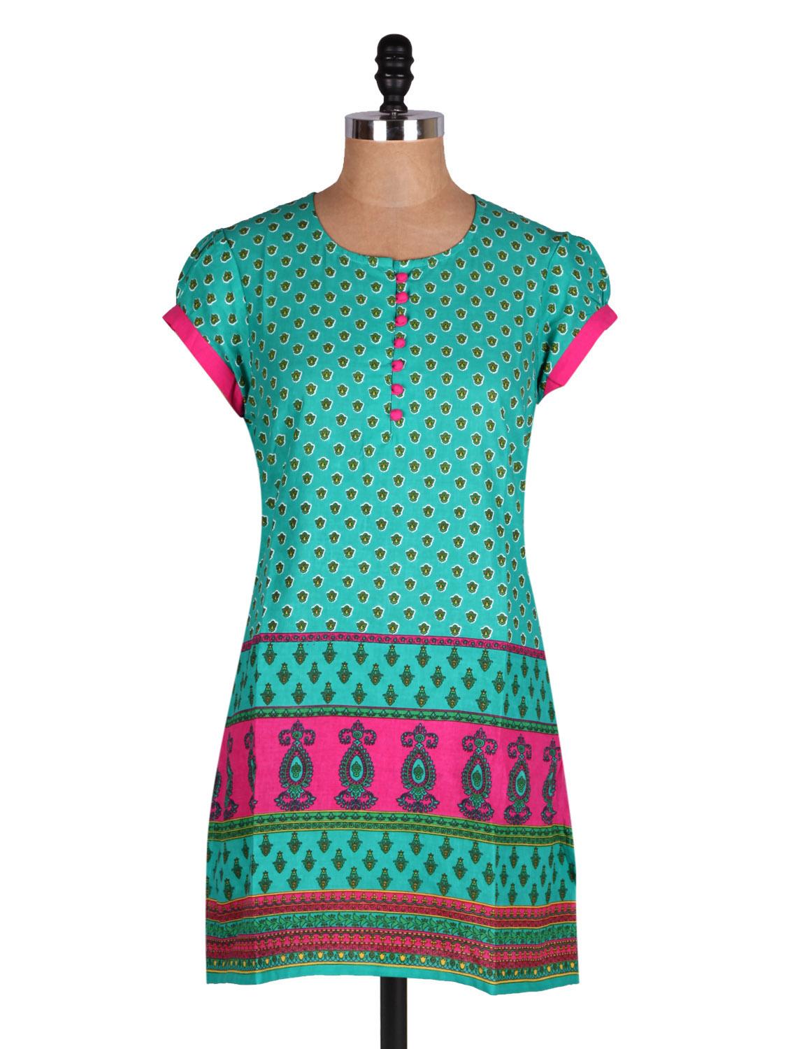Green Printed Short Sleeves Kurti - Cotton Curio