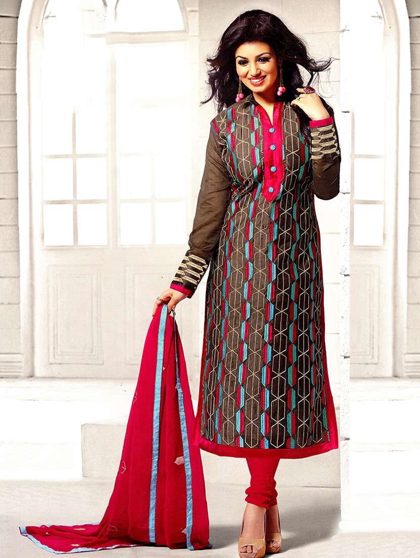 grey chanderi silk dress material - 9839434 - Zoom Image - 0