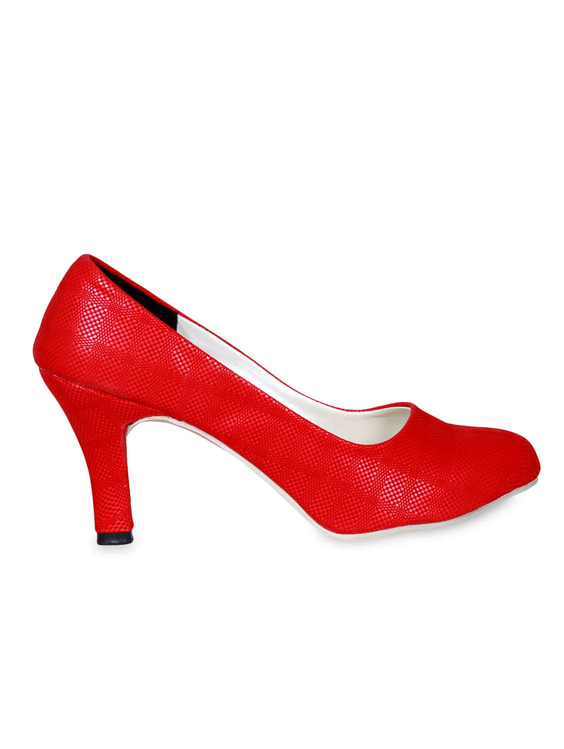 red faux leather pumps