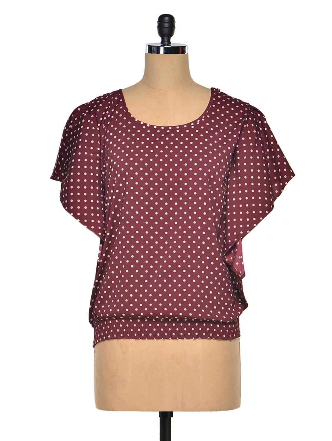 Maroon Polka Dots Poly Crepe Kaftan Top - Meira