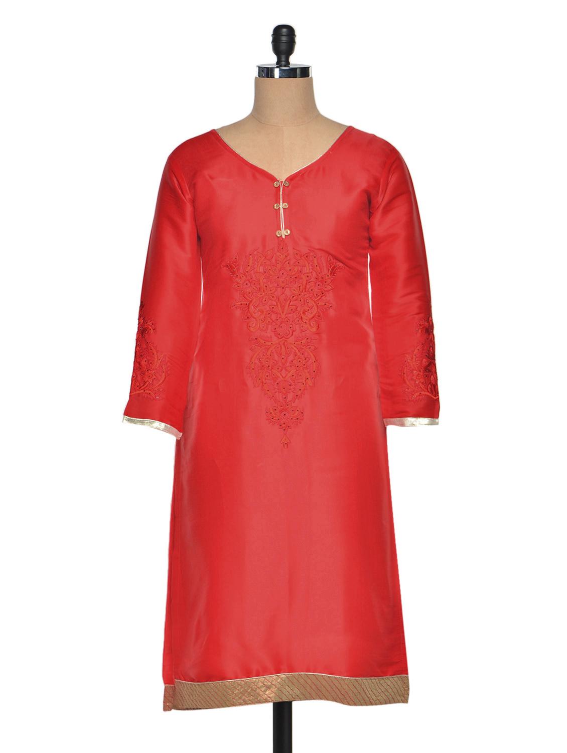Red Cotton Silk Embroidered Kurti - Golden Peacok