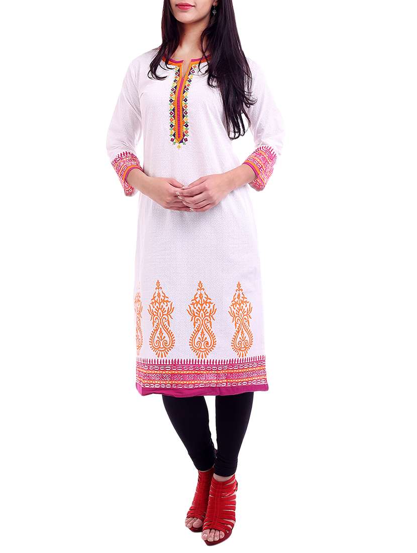 cream- multi colored cotton embroidered printed kurta