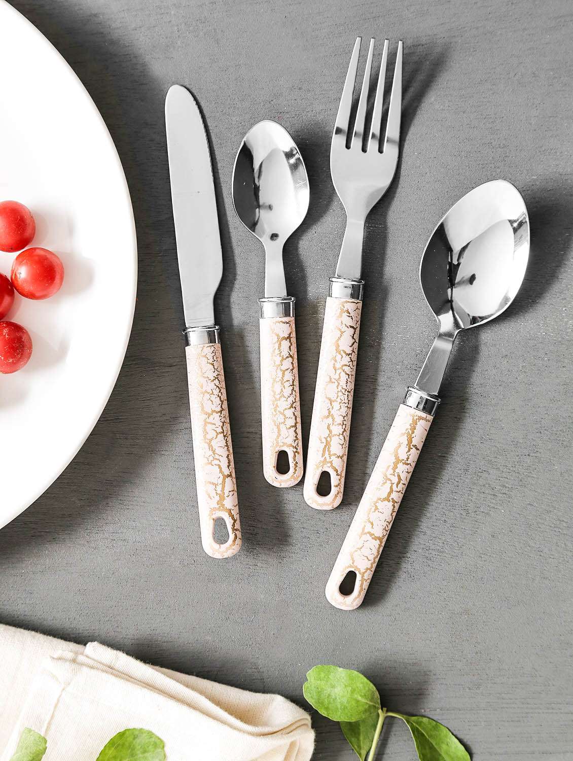 brown printed cutlery set with stand