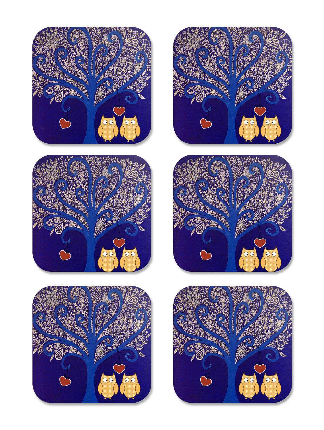tree & owl wooden coaster-set of 6