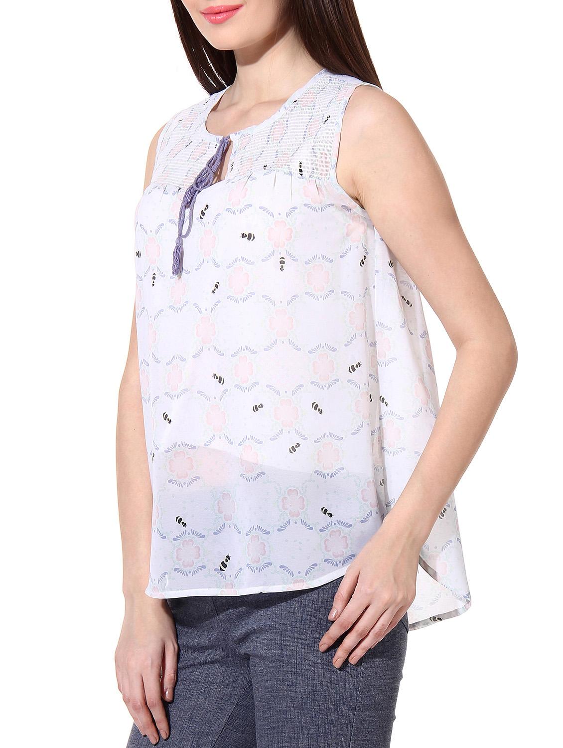 smocked yoke tie up neck top - 9979596 -  Standard Image - 1