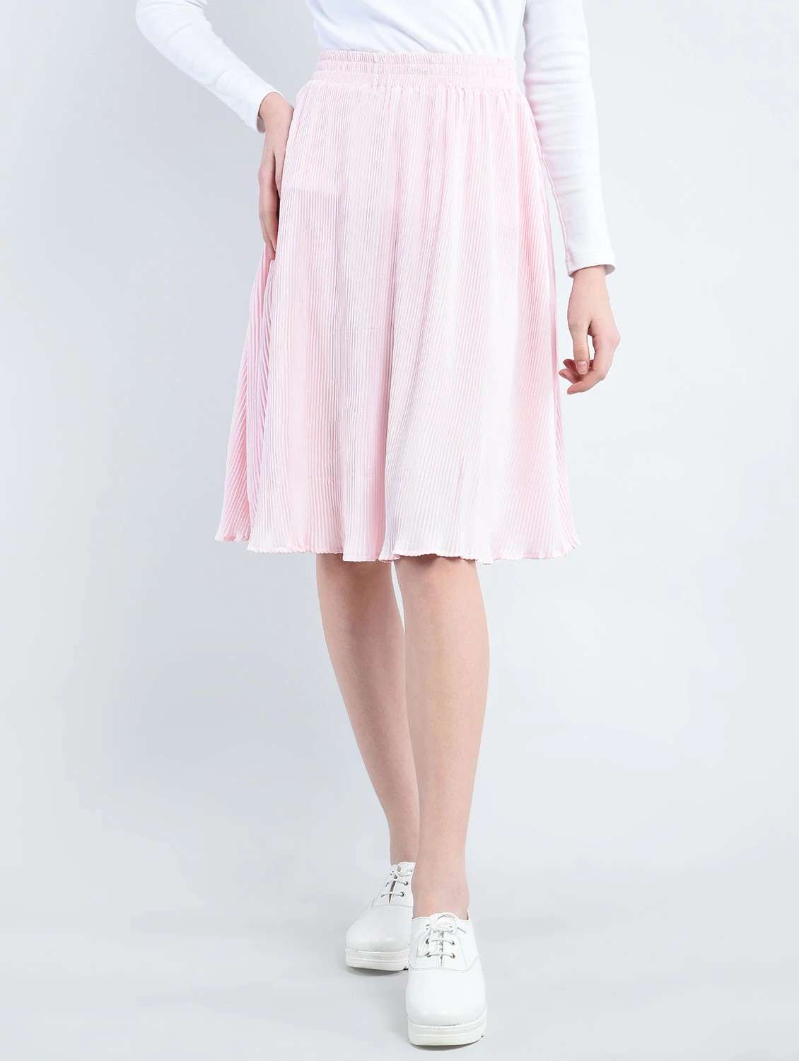 Pink Poly Crepe Solid Flared Skirt