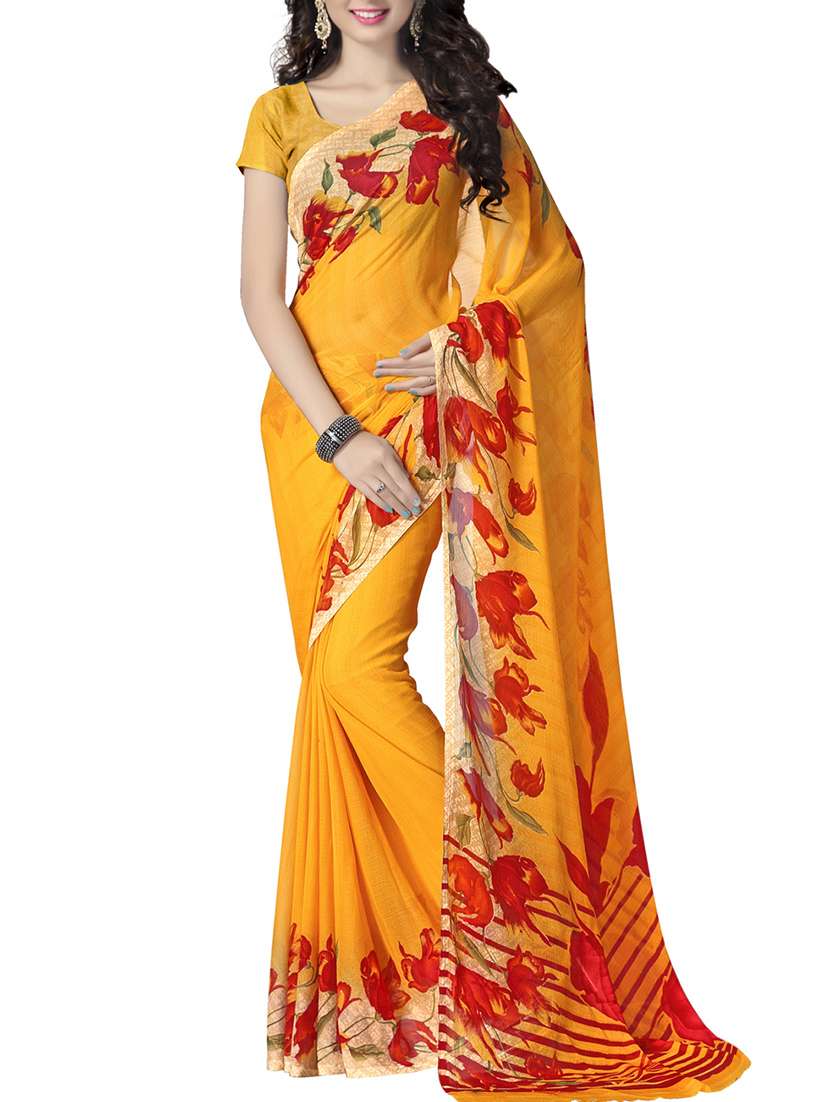yellow chiffon printed saree with blouse